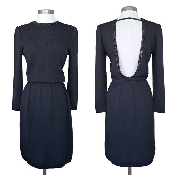 ST.JOHN Black Santana Knit Embellished Backless Cocktail Dress Long Sleeve